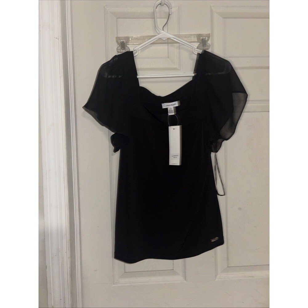 Calvin Klein Blouse Womens Small Black Sheer Polyester Short Sleeve Round Neck - Picture 4 of 5